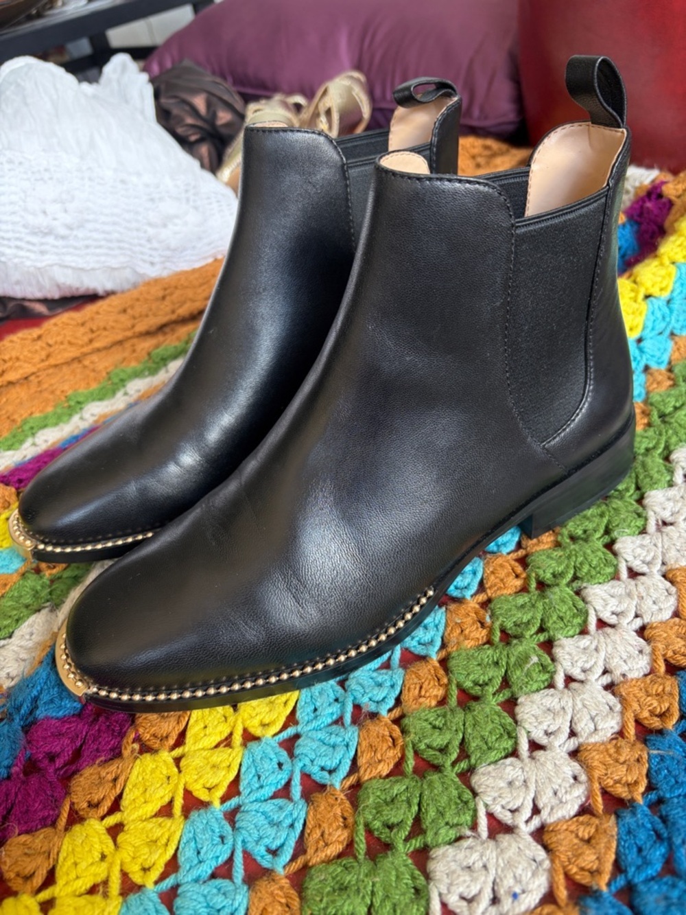 Coach Nichole Leather Chelsea Boots, black with gold trim, 6.5